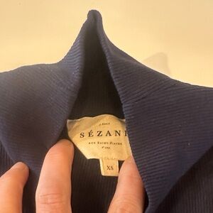 Sézane Navy Ribbed Long Sleeve Mock Turtleneck Button Sleeves